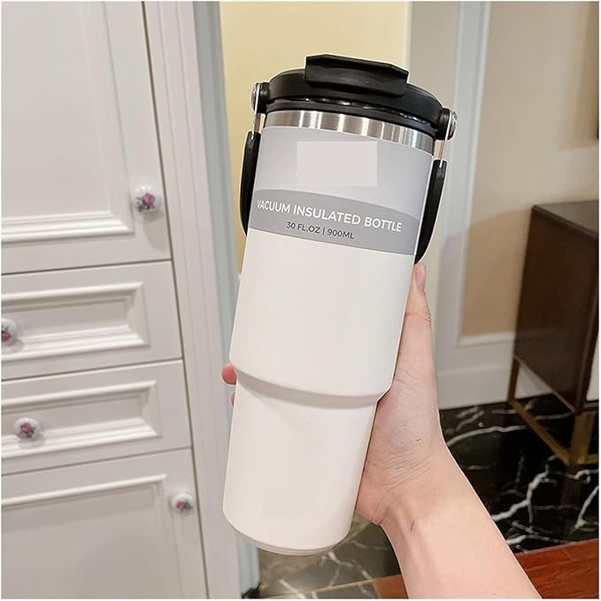 wizardmink 900ml Stainless Steel Vacuum Insulated Tumbler with Handle & Straw Lid – Leakproof Hot & Cold Travel Cup (Black)