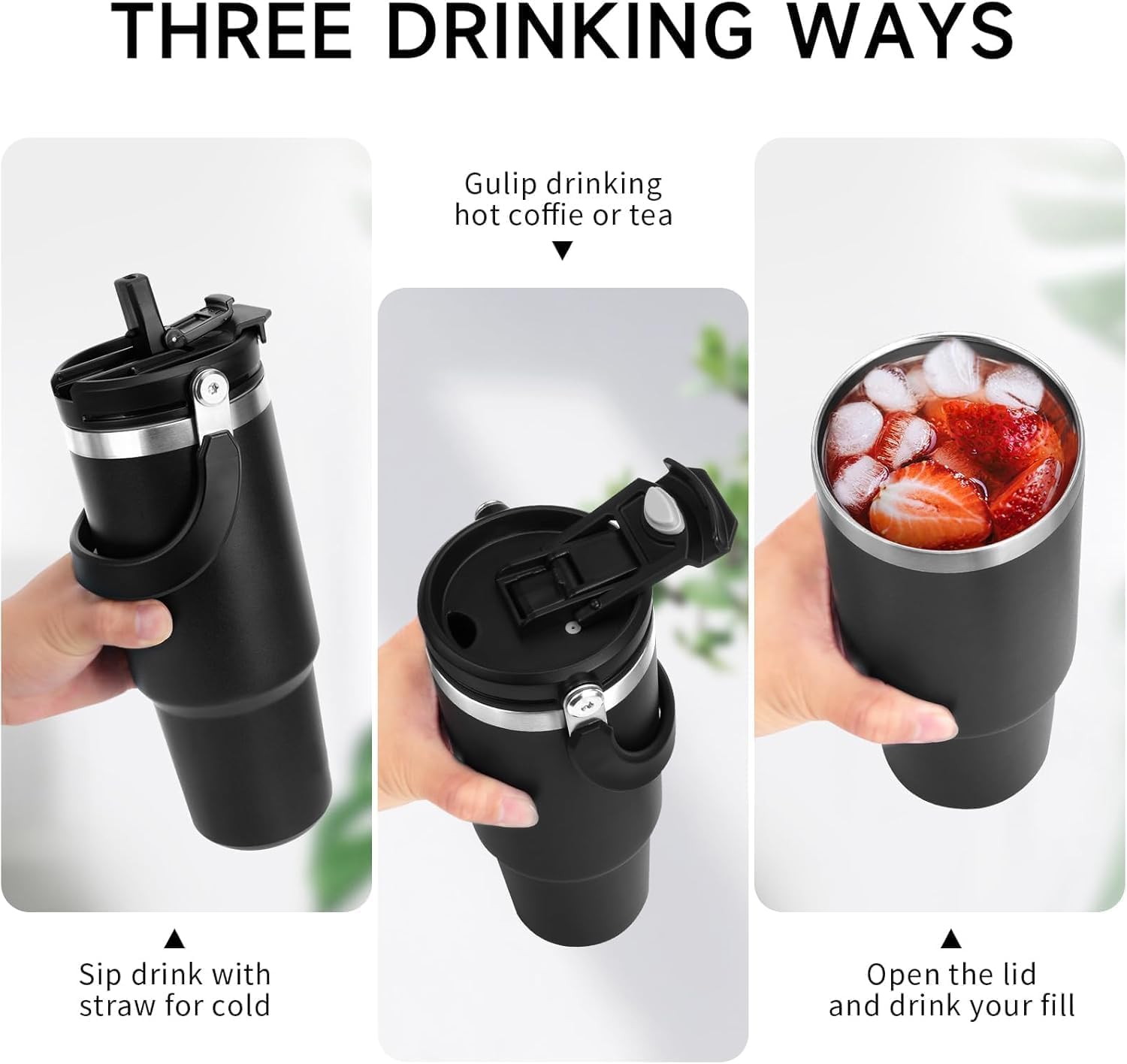 wizardmink 900ml Stainless Steel Vacuum Insulated Tumbler with Handle & Straw Lid – Leakproof Hot & Cold Travel Cup (Black)