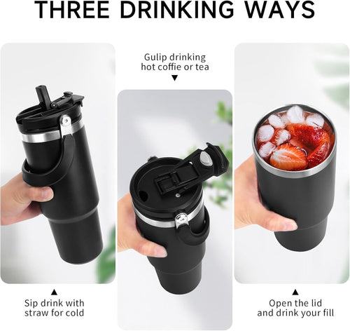 wizardmink 900ml Stainless Steel Vacuum Insulated Tumbler with Handle & Straw Lid – Leakproof Hot & Cold Travel Cup (Black)