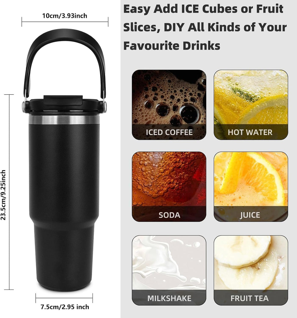 wizardmink 900ml Stainless Steel Vacuum Insulated Tumbler with Handle & Straw Lid – Leakproof Hot & Cold Travel Cup (Black)